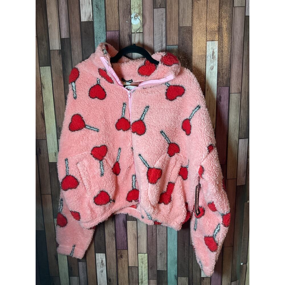 Weekending Pink Red Heart Lollipop Print Zippered Front Jacket Women’s Large NWT